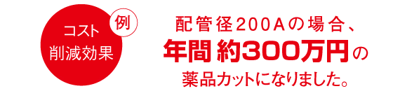 コスト削減効果の例／配管径200Aの場合、年間 約300万円の薬品カットになりました